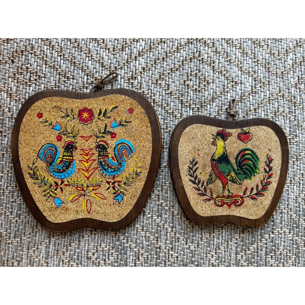 Vintage Wood Cork Trivets Set Rooster Farmhouse Decor Chicken Hen